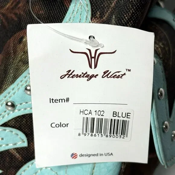 Heritage West Blue Green Camouflage Rhinestone Cross Western Double Strap Purse - Picture 5 of 13